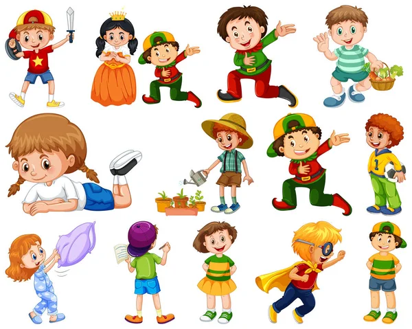 Niños en grupo grande interpretando nuestros variados roles — Vector de stock