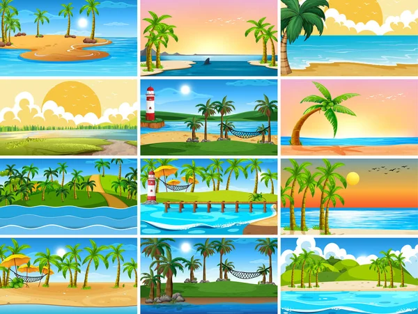 Conjunto de escenas de la naturaleza oceánica tropical con playas — Archivo Imágenes Vectoriales