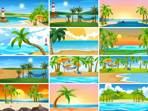 Conjunto de escenas de la naturaleza oceánica tropical con playas — Vector de stock
