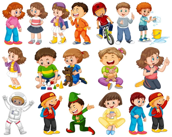 Niños en grupo grande interpretando nuestros variados roles — Vector de stock