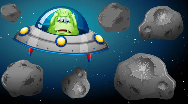 Alien in ship flying through asteroids — Stock Vector