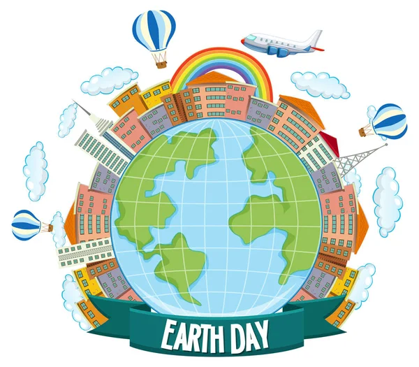 Cartel del día de la Tierra con casa, planos y arco iris — Vector de stock