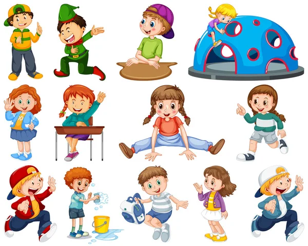 Niños en grupo grande interpretando nuestros variados roles — Vector de stock