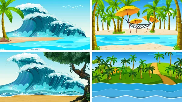 Conjunto de cenas de natureza oceânica tropical com praias — Vetor de Stock