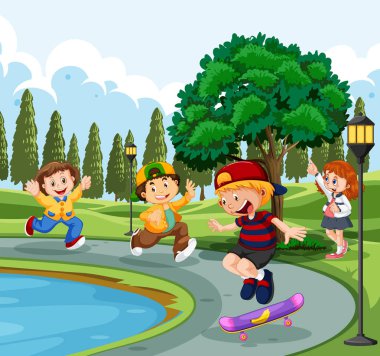 Bir parkta bir gölet tarafından oynayan çocuklar