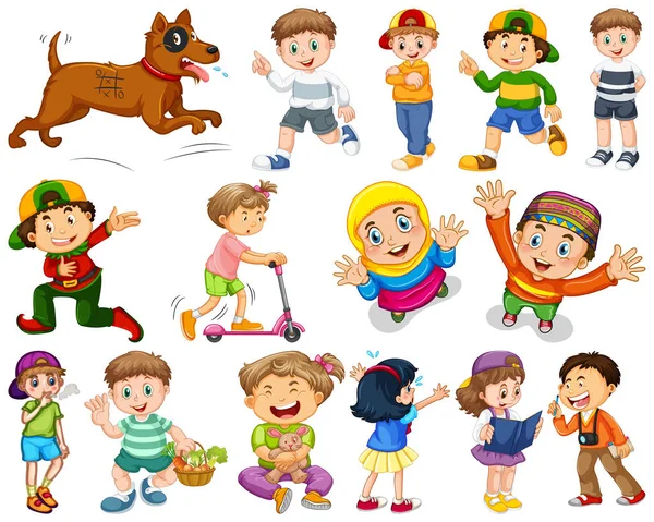 Niños en grupo grande interpretando nuestros variados roles — Vector de stock