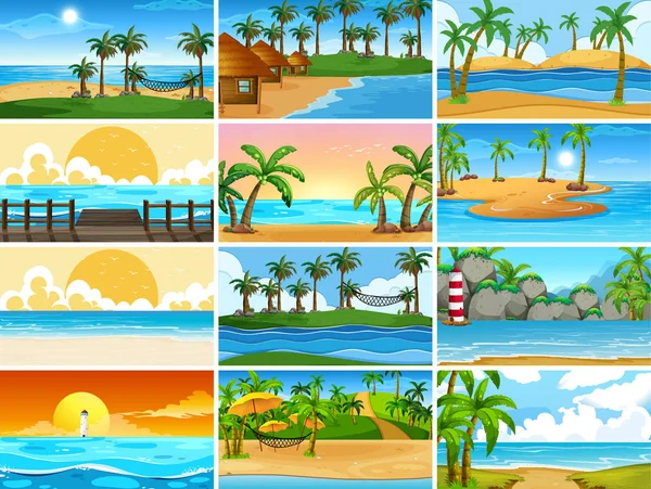 Conjunto de escenas de la naturaleza oceánica tropical con playas — Vector de stock