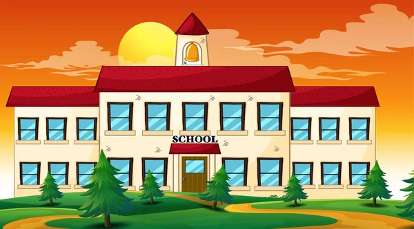 Escuela edificio puesta de sol escena — Vector de stock