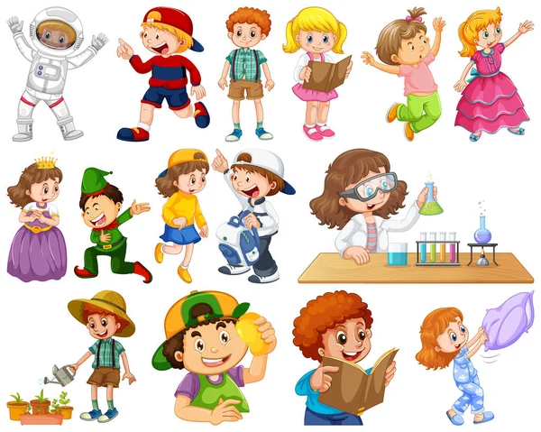 Niños en grupo grande interpretando nuestros variados roles — Vector de stock