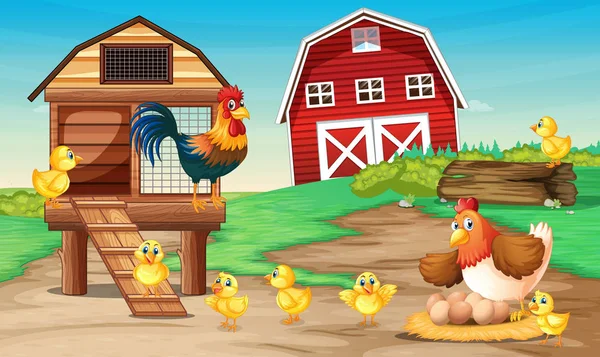 Bauernhofszene mit Hühnern — Stockvektor
