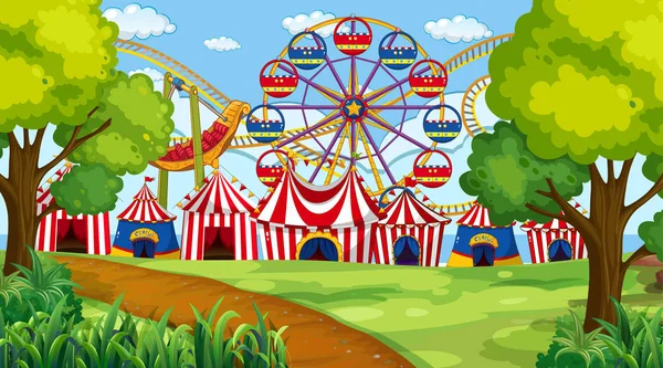 Circo con paseos escena del parque — Vector de stock
