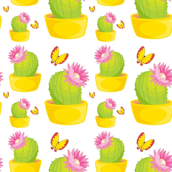 Dibujos animados de azulejos de patrón sin costura con cactus y mariposa — Vector de stock