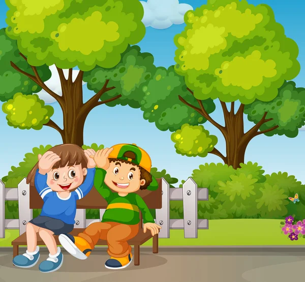 Niño y niña en el parque — Vector de stock