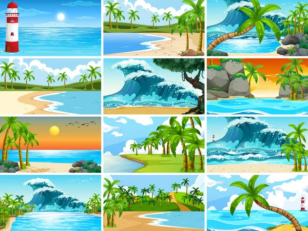 Conjunto de escenas de la naturaleza oceánica tropical con playas — Archivo Imágenes Vectoriales