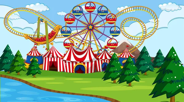 Escena del parque de atracciones con río — Vector de stock