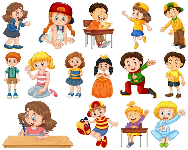 Niños en grupo grande interpretando nuestros variados roles — Vector de stock