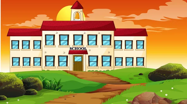 Escola edifício pôr do sol cena — Vetor de Stock