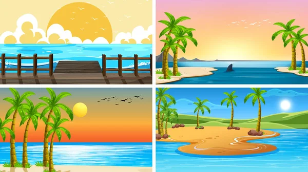 Set de scene tropicale ale oceanului cu plaje — Vector de stoc