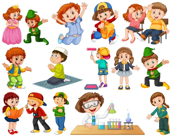 Niños en grupo grande interpretando nuestros variados roles — Vector de stock