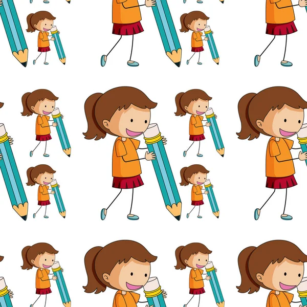 鉛筆を持つ女の子とシームレスなパターンタイル漫画 — ストックベクタ