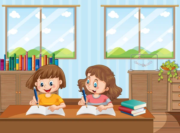 Twee jonge meisjes studeren thuis — Stockvector