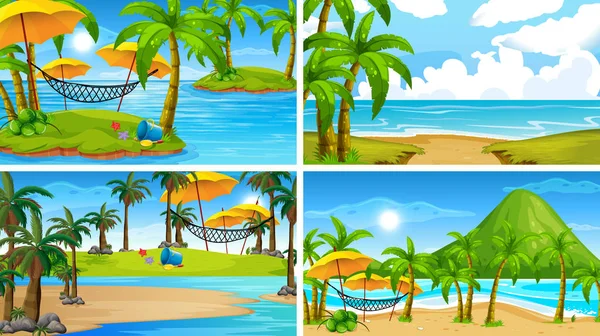 Set de scene tropicale ale oceanului cu plaje — Vector de stoc