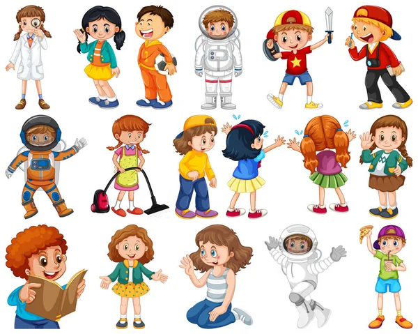 Niños en grupo grande interpretando nuestros variados roles — Vector de stock