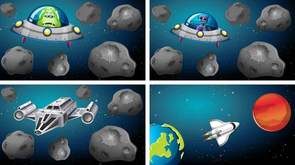 Set van ruimteschepen in scène — Stockvector