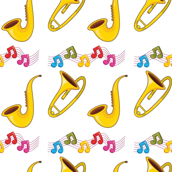 Saksafon, trompet ve müzik notu ile Dikişsiz desen kiremit karikatür — Stok Vektör