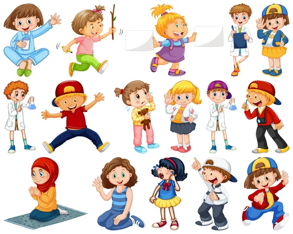 Niños en grupo grande interpretando nuestros variados roles — Vector de stock