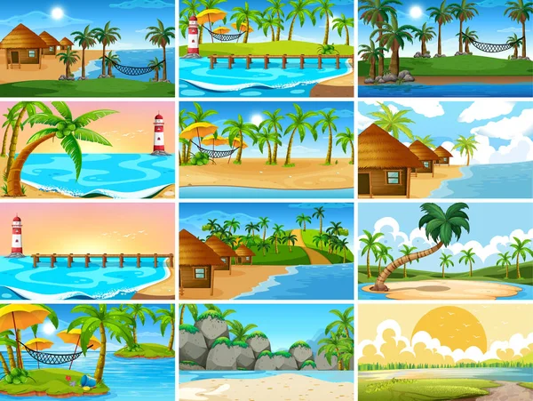 Conjunto de cenas de natureza oceânica tropical com praias — Vetor de Stock