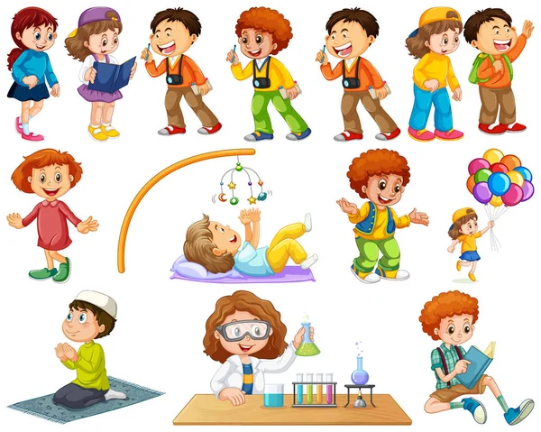 Niños en grupo grande interpretando nuestros variados roles — Vector de stock