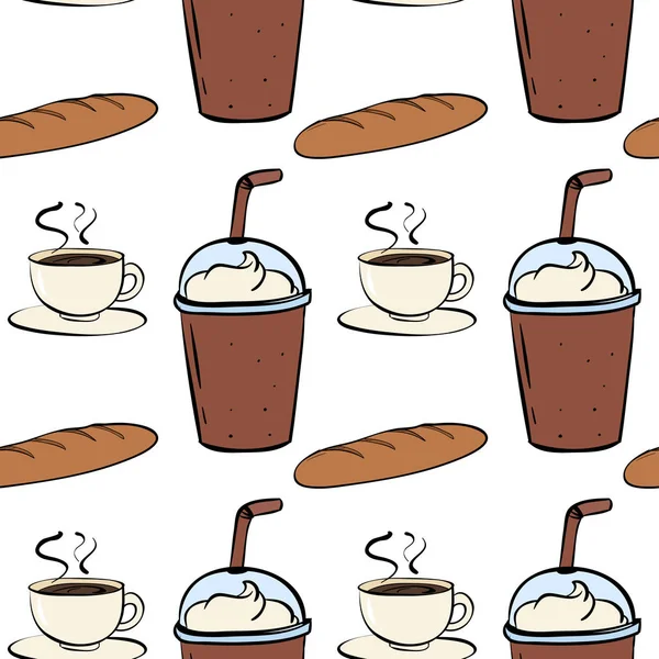 Χωρίς ραφές μοτίβο πλακάκια κινουμένων σχεδίων με καφέ και ψωμί — Διανυσματικό Αρχείο