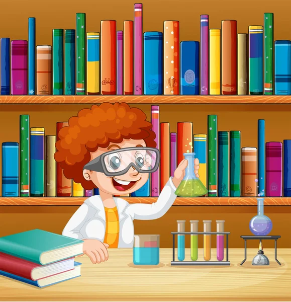 Pojke i vetenskapslabb med böcker — Stock vektor