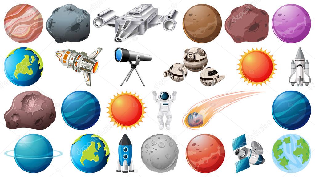 Set of planets and space obejcts