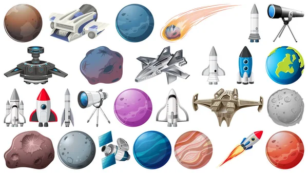 Набор планет, ракет и космических подчиненных — стоковый вектор
