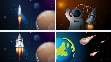 Roket ve astronot sahneleri seti