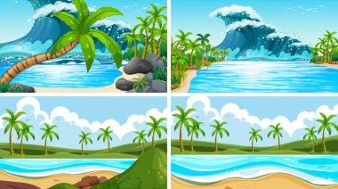 Plajlar ile tropikal okyanus doğa sahneleri seti
