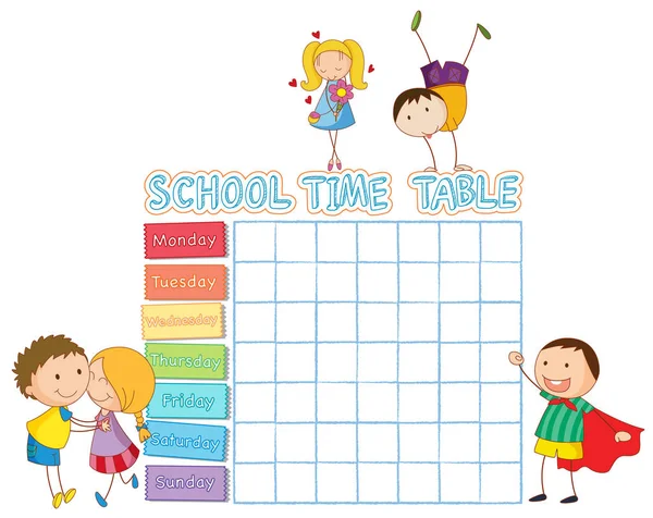 School tijd tabel met doodle kinderen — Stockvector