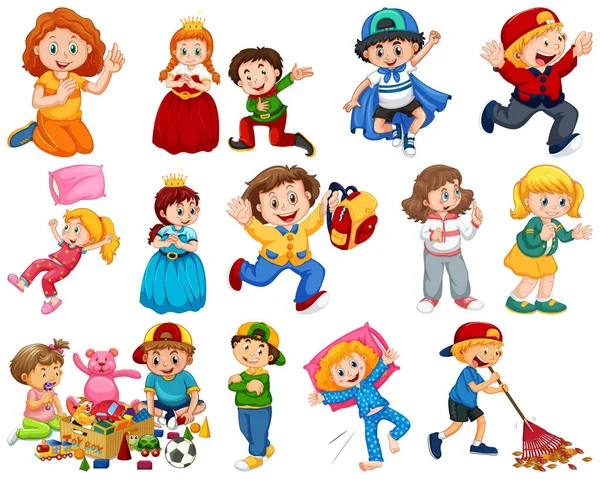 Niños en grupo grande interpretando nuestros variados roles — Vector de stock