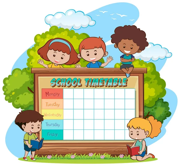 School planner tijdschema met personages — Stockvector
