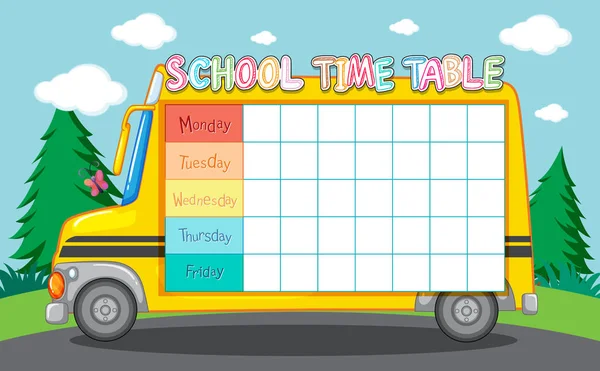 Σχολικό τραπέζι χρόνου με σχολικό λεωφορείο — Διανυσματικό Αρχείο