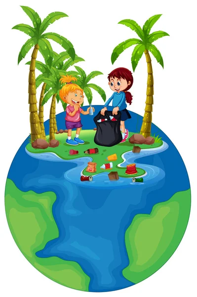 Girls picking up rubbish earth concept — Stock Vector