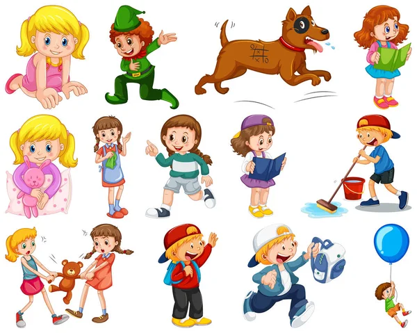 Niños en grupo grande interpretando nuestros variados roles — Vector de stock