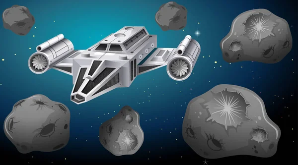 Ship flying through asteroids — Stock Vector