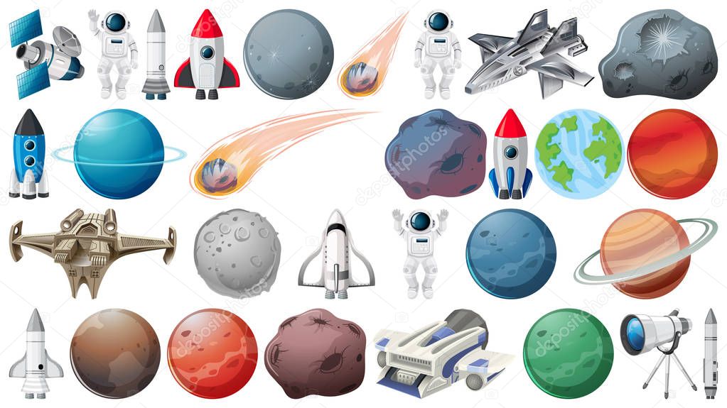 Set of planets and space obejcts