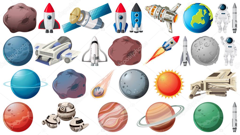 Set of planets and space obejcts