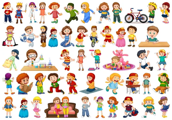 Niños en grupo grande interpretando nuestros variados roles — Vector de stock