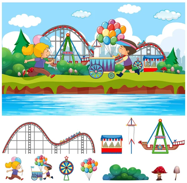 Scen bakgrund design med barn i Circus Park — Stock vektor