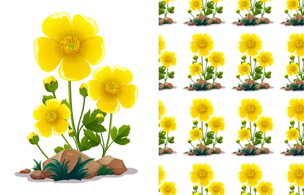 Bezproblemowa konstrukcja tła z żółtymi kwiatami i zielonymi liśćmi — Wektor stockowy